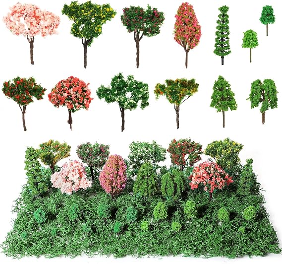 Canlierr 28 Pcs Tiny Model Trees with 40g Faux Green Moss, 0.79-3.15'' Diorama Trees Grass Mini Fake Miniature Trees Diorama Materials Kit for Diorama Box Craft Model Train Fairy Village