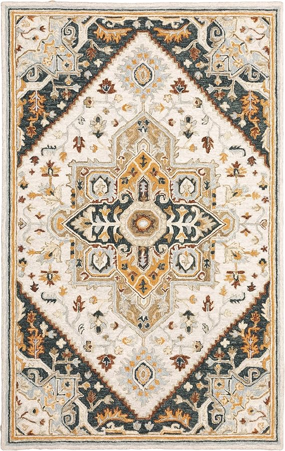 Oriental Weavers Alfresco Hand-Made Wool Area Rug - 28407-5' x 8' - in Ivory/Charcoal - Vintage Inspired, Hand-Made Wool Rugs, Bedroom, Office Rug