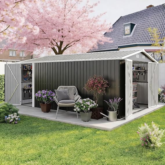 10x14 FT Outdoor Storage Shed, Large Metal Garden Shed with Side Door, Outside Tool Sheds with 3 Lockable Hinged Doors, Waterproof Storage Building with 4 Air Vents for Backyard, Patio, Dark Gray