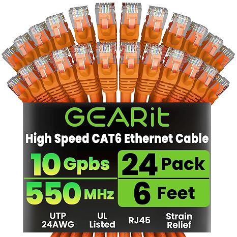 GEARit Cat6 Patch Cables Cat 6 Ethernet Cable 6 ft 24-Pack Orange