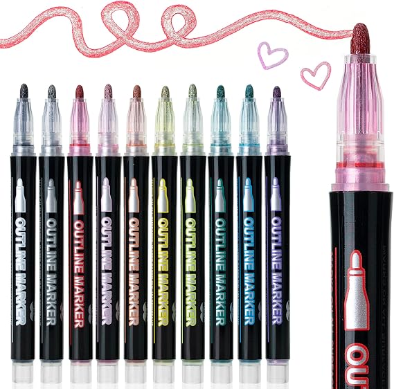 Mr. Pen- Double Line Outline Markers, 10 Pack, Metallic Colors | Squiggles Shimmer Outline Pens, Craft Markers for Drawing, Doodling, Card Making and DIY Projects
