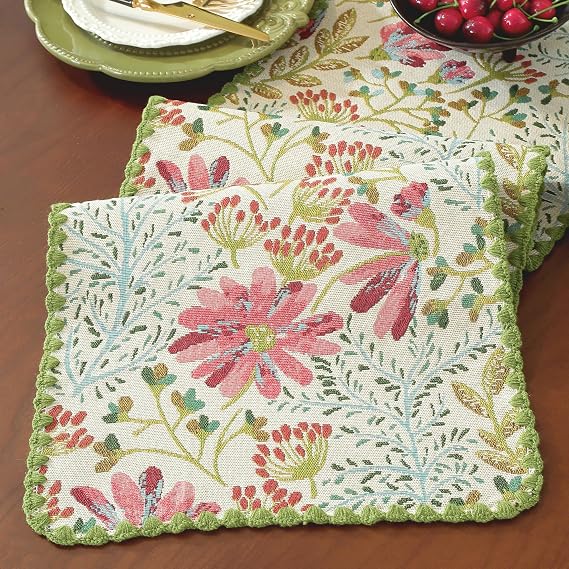 Spring Botanical Elegant Table Runner with Floral Jacquard Pattern Decorative Dining Table Decor with Delicate Lace Edging Green 12 x 71 Inch