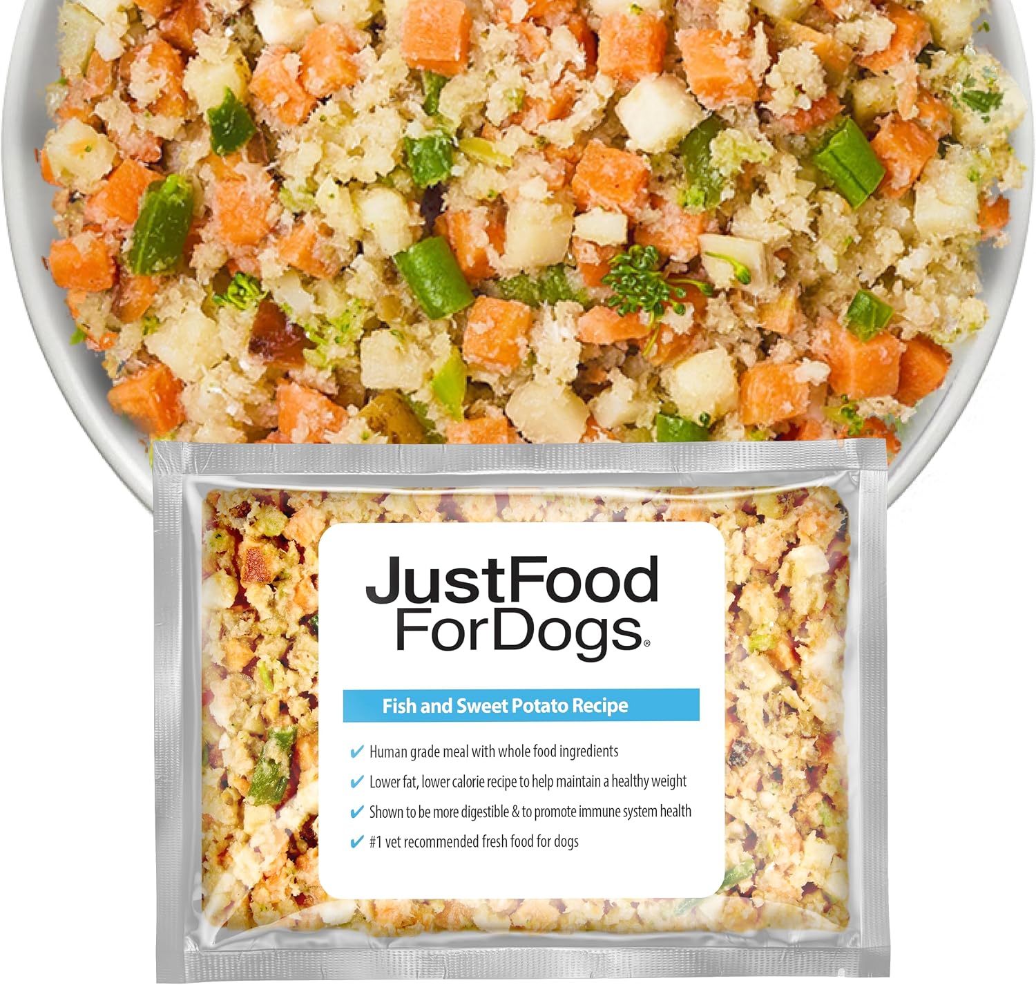 JustFoodForDogs Frozen Fresh Dog Food, Complete Meal or Dog Food Topper, Fish & Sweet Potato Human Grade Dog Food Recipe, 18 oz Pack of 21