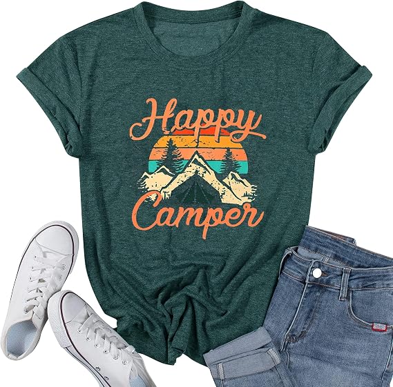 Happy Camp T-Shirt Hiking Adventure Mountain Graphic Tee Tops Short Sleeve Summer Camp Lover Vacation Shirts