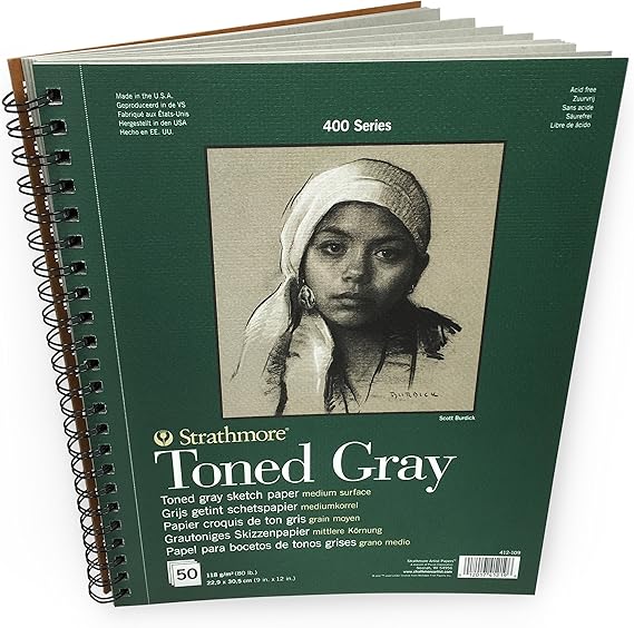 Strathmore 400 Series Wire Bound Toned Sketch Pad, 80 lb. Paper, 9 X 12 inches, Gray, 50 Sheets (412-109)