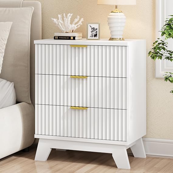 Xixini Fluted Nightstand with 3 Drawers, 24" Wide Side Table, White