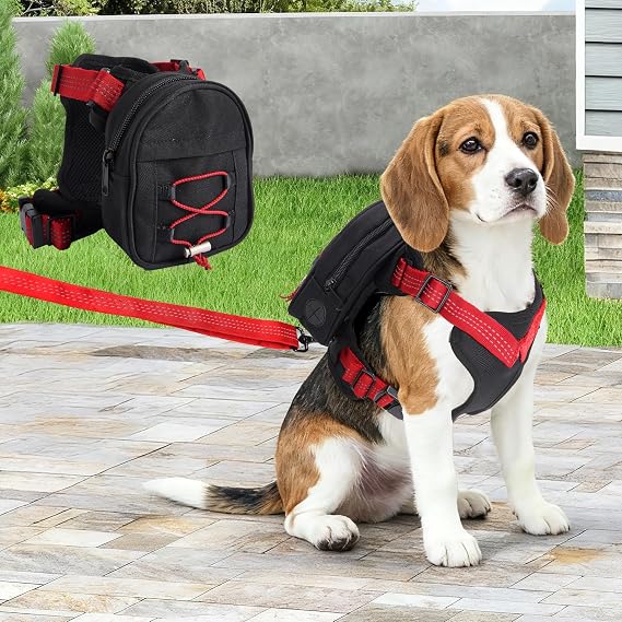Adjustable Dog Backpack Harness with Reflective Leash, Backpack for Small Dogs, Built in Poop Bag Dispenser, Detachable Dog Back Pack for Outdoor Adventures, Puppy Training, Walking(Black,Small)