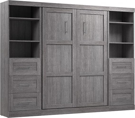Bestar Pur Full Murphy Bed and 2 Shelving Units with Drawers, 109-inch Space-Saving Wall Bed