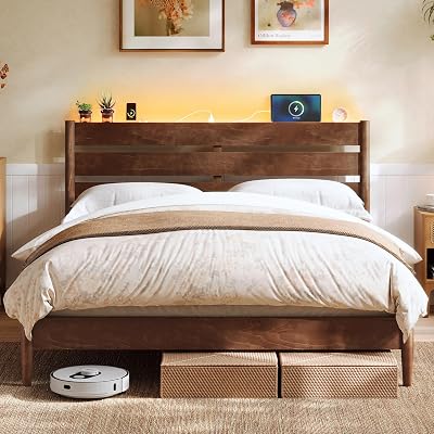 SONGMICS Home Queen Bed Frame with Solid Wood Legs Slats, Platform Bed with Headboard, LED Lights, Charging Station, Mid-Century Modern Style, No Box Spring Needed, Coffee Brown URMB411K02