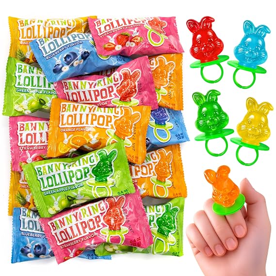 Bunny Ring Candy - Lollipops Individually Wrapped - 15 Count | Assorted Fruit Flavors, Candy for Goodie Bags, Classroom Candy, Party Favors