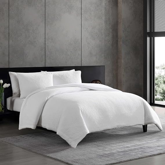 Vera Wang - King Duvet Cover Set, Soft Cotton Bedding with Button Closure & Inner Corner Ties, 3 Piece Bed Set with Matching Pillowcases (Puckered Texture White)