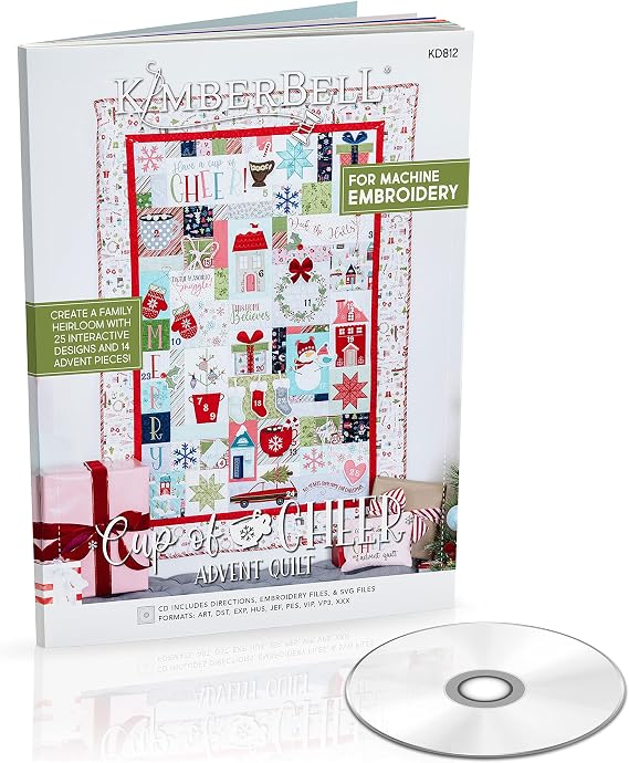 Kimberbell Cup Of Cheer Featured Quilt Machine Embroidery Design CD, 25 Interactive Designs, Complete Size 42x58, 14 Advent Pieces, Easy Step-By-Step Instructions, Hoop Sizes: 4x4 & 5x7, Made in USA
