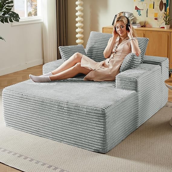 Oversized Chaise Lounge Chair Indoor, 68.1" W Upholstered Corduroy Couch with 3 Pillows, Comfy Cloud Couch Modern Deep Seat Sofa Bed, Single Sleeper Sofa Chair for Living Room, No Assembly, Grey