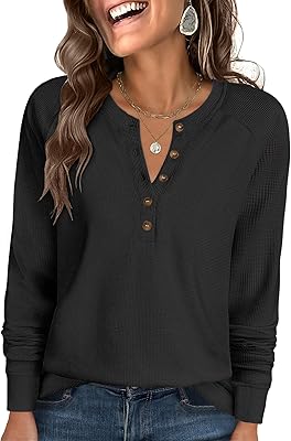 ANRABESS Womens Long Sleeve Waffle Knit Shirts Dressy Casual Loose Button Up V Neck Henley Tops 2026 Fall Basic Tee Blouse