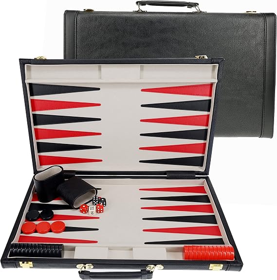WE Games Backgammon Set, Elegant Black Leatherette Case, 18 x 11 in. Closed; 22 x 18 in. Open, Family Board Games, Board Games for Adults and Family, Travel Board Games, 2 Player Games