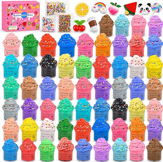 58 Pack Butter Slime Kit,Super Soft and Non-Sticky,DIY Putty,Peach Charms,Stress Relief Toy for Girls and Boys Age 10-12, Slime Toys,Goodie Bag Stuffers for Kids