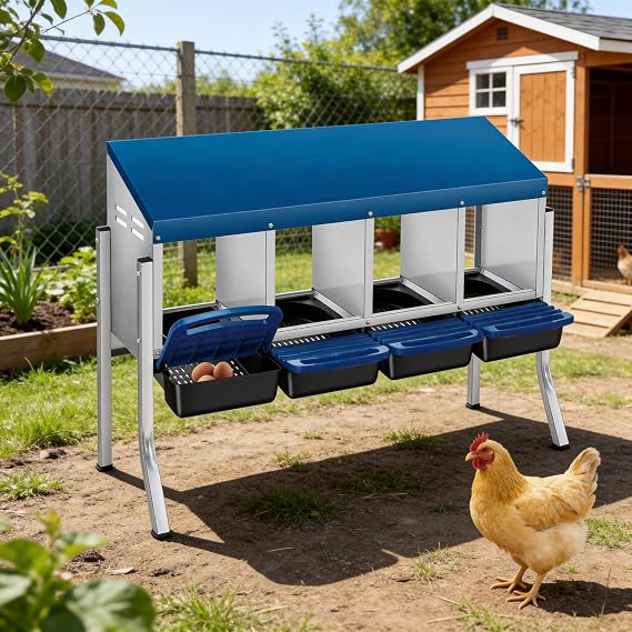 4 Holes Chicken Nesting Boxes for Laying Eggs, Wall-Mounted & Floorstanding Nesting Boxes for Chickens Ducks Geese, for Farm Backyard Chicken Coops, with Metal Leg, Blue