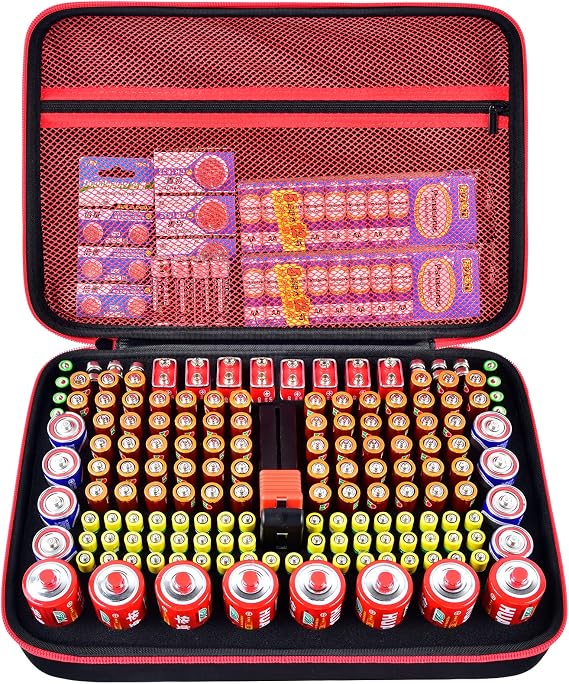 Battery Storage Case and Organizer with Tester for 162+ AA AAA 4A, C, D, 9V, 3V Lithium LR44, CR2, CR123, CR1632, CR2032, 18650, Batteries Not Included, Red -, Battery Tester