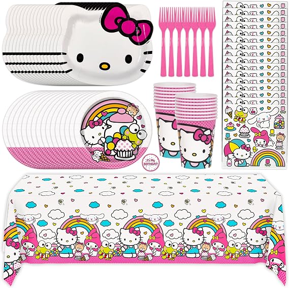 Hello Kitty Birthday Decorations & Party Supplies | Hello Kitty Plates and Napkins, Cups, Tablecloth, Forks, Sticker | Serves 16 Guests | Officially Licensed