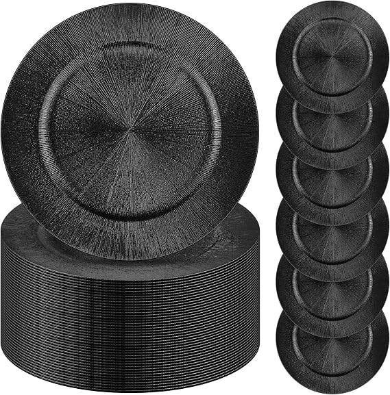 Tanlade 100 Pcs Charger Plates Bulk, 13 Inch Plastic Round Charger Dinner Plates Elegant Wedding Serving Plate for Event Tabletop Wedding Party Bridal Baby Shower Decor (Black)