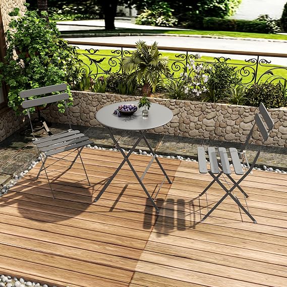 JOYBASE 3-Piece Patio Bistro Set, Steel Folding Table and Chairs for Indoor Outdoor Balcony Deck Porch Apartment (Grey)