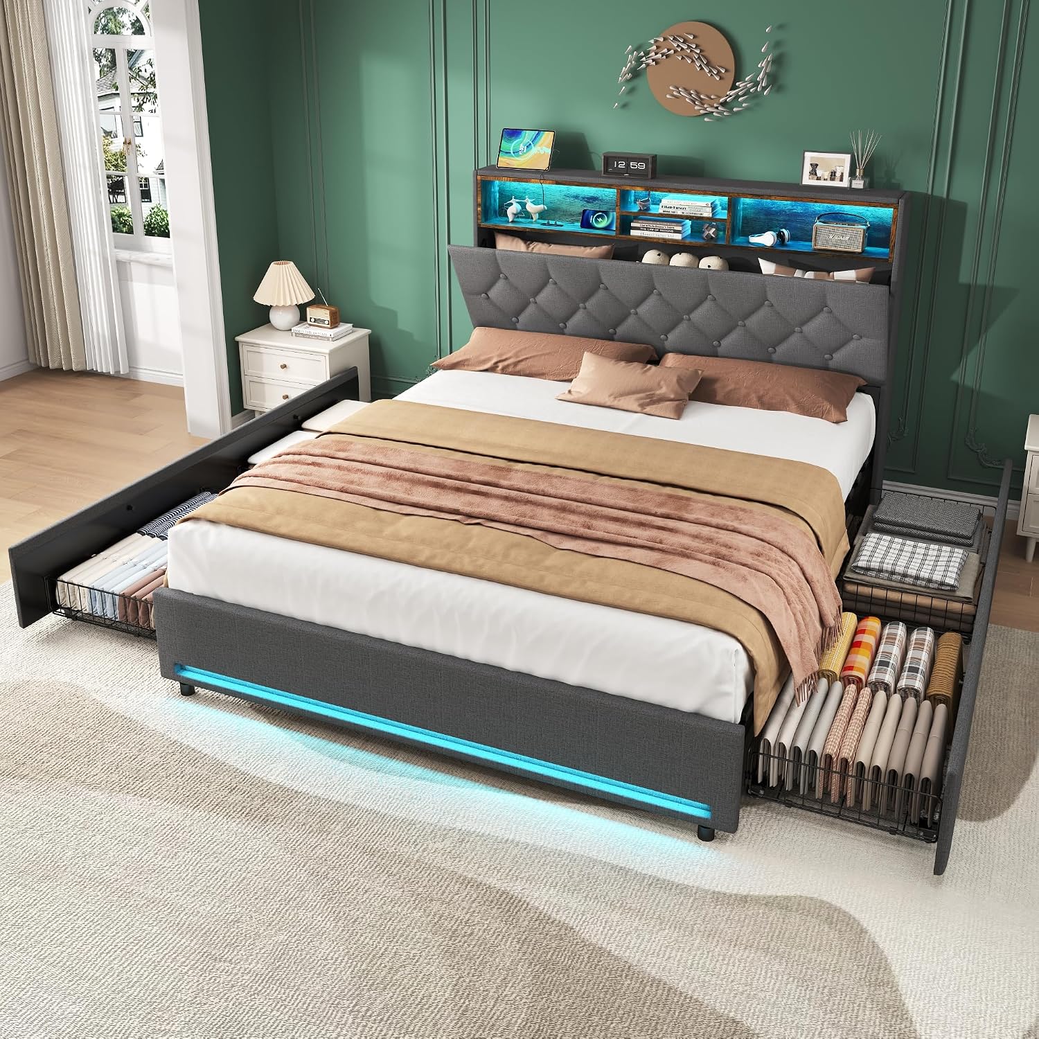 4ft6 Double Bed Upholstered Bed Frame 135x190 cm with Storage 4 Drawers, Storage Headboard with LED Lighting and Charging Station, Platform Bed Frame with Slats, No Mattress, Linen Grey