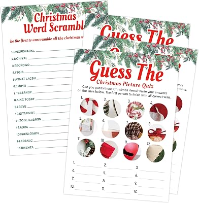 Funny Christmas Games Bundle for Families and Adults - Word Scramble & Picture Quiz, 31 Double-Sided Cards for White Elephant Gift Exchange, Christmas Party Games for Large Groups, Decorations, 5x7