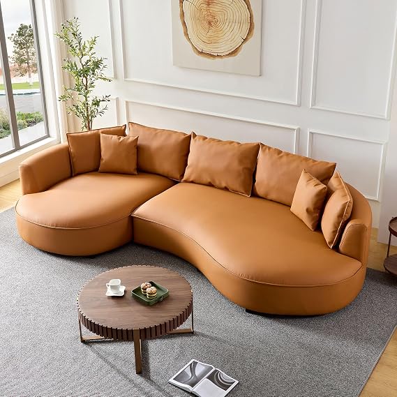 Modern Sectional Curved Sofa Couch for Living Room, Curved Deep Seat Sofa with 5 Seat, Luxury Leather Cloud Couch with 7 Pillows, Curved Sectional Couch for Apartment (Orange, Left-Facing)