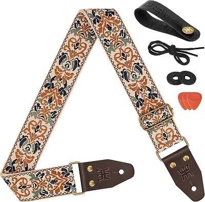 Amumu Beige Brown Spades Heart Embroidery Guitar Strap - Vintage Style with Top Grain Cowhide Leather Ends & Pick Pocket - Fits Bass, Electric, Acoustic Guitars