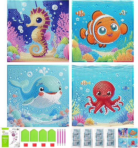 Mrnsiet 4 Pack Ocean Animal Diamond Art Kits for Kids, Cute Ocean Animals Kids' Mosaic DIY Kits, Seahorse Whale Octopus Diamond Painting Kits with Color Box for Home Wall Decor Crafts Gift 6X6 Inch
