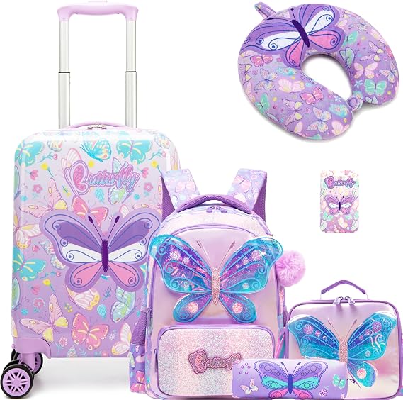 HTgroce 6-Piece 16 Inch Children's Suitcase and Backpack with Neck Pillow, Lunch Bag, Suitcase Tag, Pencil Case, Children's Hand Luggage with 4 Wheels 360° Suitcase Set, A-butterfly, 40 x 30 x 10 cm