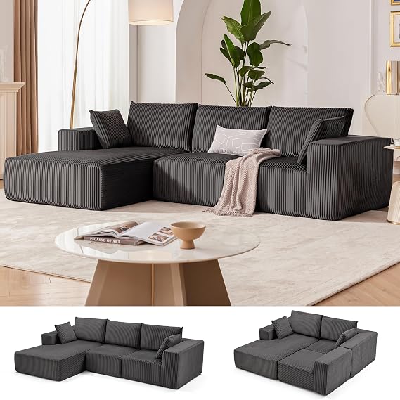 108" Boneless Couch with Chaise, Cloud Sectional Modular Sofa, Darkgrey | Deep Seat Modular Sectional Sofa for Living Room, Upholstered Corduroy Couch for Apartment, Convertible No Assembly Sofa