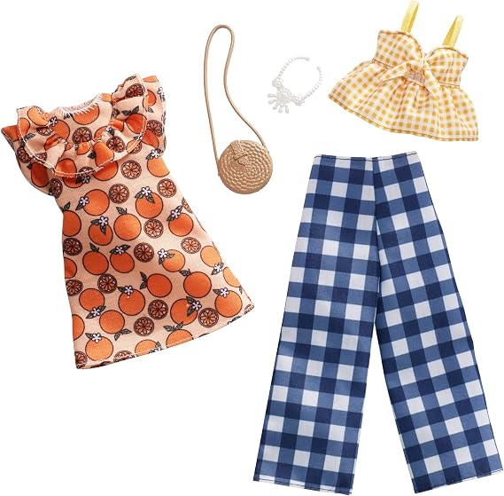 Barbie Clothes - 2 Outfits Doll Include a Dress, Top and Pants with Checked Prints, Gift for 3 to 8 Year Olds