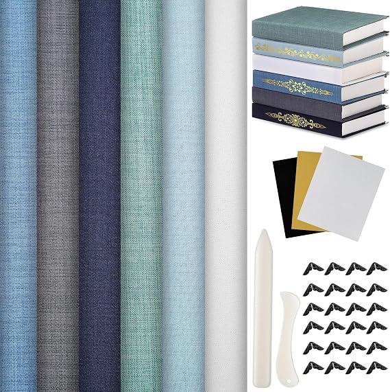 Book Binding Cloth Kit, Includes 12''x16'' Bookcover Cloth Fabric 24 Decorative Corners 3 Iron on Vinyl Sheets Bone Folder Tools, Backing Paper,for Old Book DIY Craft Supplies(Cool Color)
