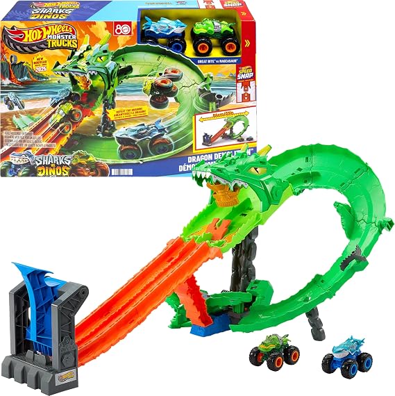 Hot Wheels Monster Trucks Shark and Dinosaur vs. Scary Dragon playset, dinosaur with 1:64 scale shark racing to defeat cyborg enemy, JFR06