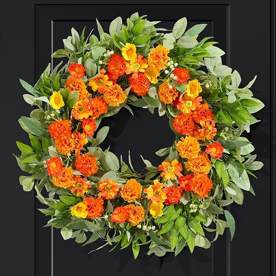 24 Inch Summer Wreaths for Front Door with Carnations, Daisies and Eucalyptus - Artificial Spring Summer Front Door Wreath for Farmhouse, Porch, Window, Wedding, Celebration, Indoor Outdoor Home Decor