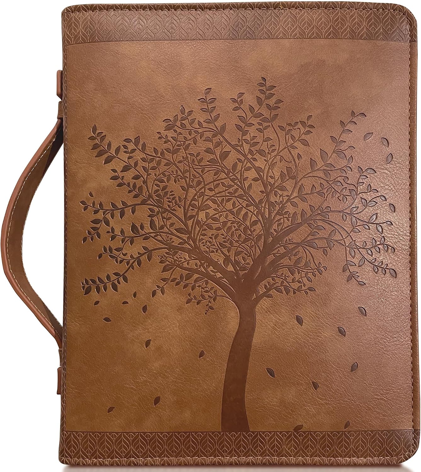 Angel Treasures’ Bible Cover with Engraved Tree of Life Design| Genuine Faux PU Leather Book Protector Case with Handle, Zipper, Pockets & Pen Slots