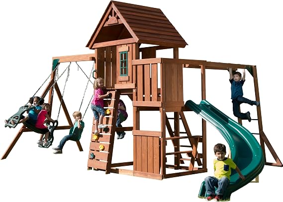 Swing-N-Slide PB 8272 Cedar Brook Wooden Swing Set Play Set with Two Swings, Slide, Monkey Bars, Picnic Table & Glider, Green