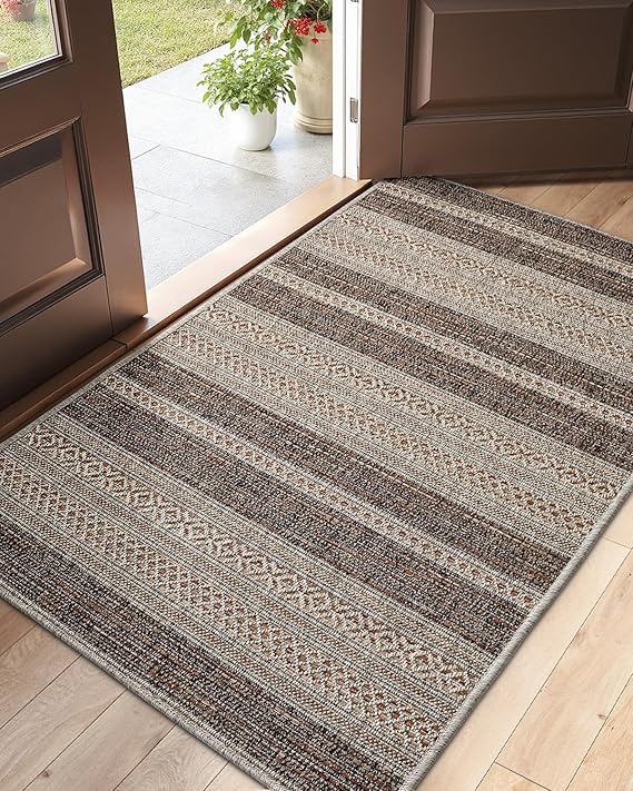 DEXI Dirt Trapper Door Mat, 31x60 Washable Doormat, Dirt Resistant and Absorbent, Easy Clean Low-Profile Floor Rugs for Entryway, Front Door, and Inside Entrance, Striped Brown