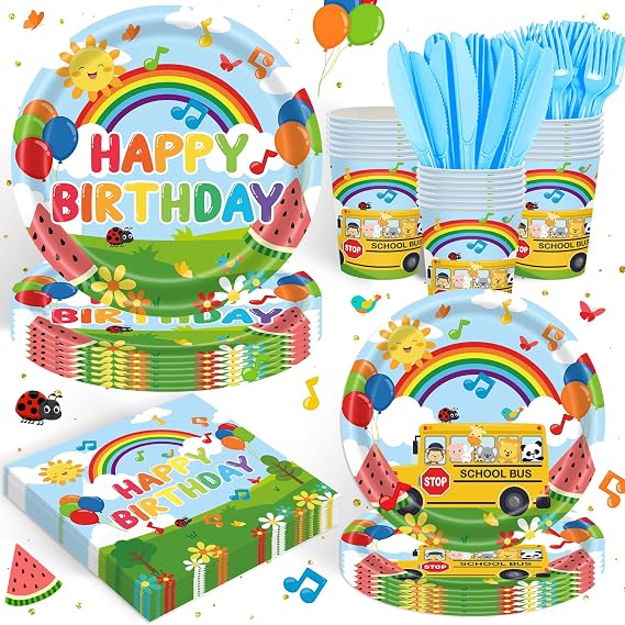 120PCS Cartoon Melon Birthday Party Supplies for Boys and Girls 1st 2rd Birthday Party School Bus Rainbow Watermelon Tableware Set Napkin Cups Forks Knives for 20 Guests