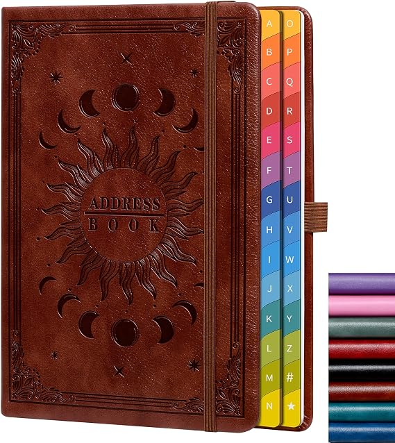 Address Book with Colorful Alphabetical Tabs (8.4" x 5.7") Hardcover Contact Organizer for Website Passwords, Telephone, Software Licenses, and Important Information Dark Brown