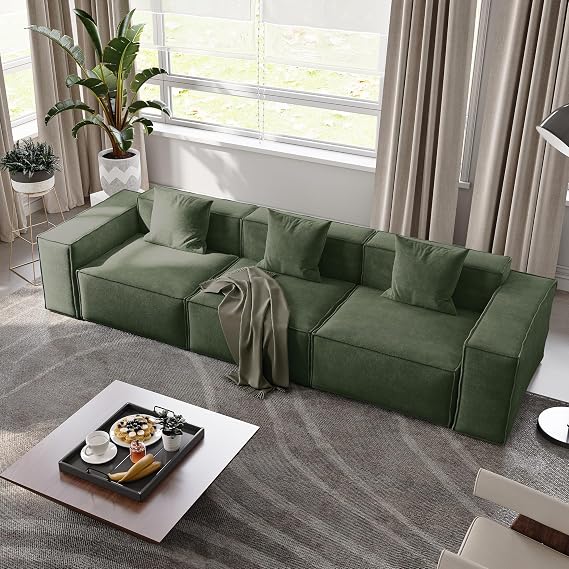 POVISON 115" Modern Modular Sectional Sofa for Living Room 25" Deep Seat Sofa Set Large Sectional Couches Velvet 3 Seats Oversized Big Comfy Cloud Couch for House Office