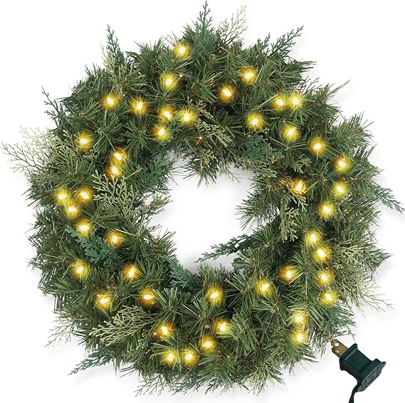 Christmas Wreath Pre-lit 24 inch with 100 Light & Cupressus Tips, Artificial Christmas Wreaths for Front Door with Lights, Wreath for Christmas Decoration Door Windows Wall Green Plug in