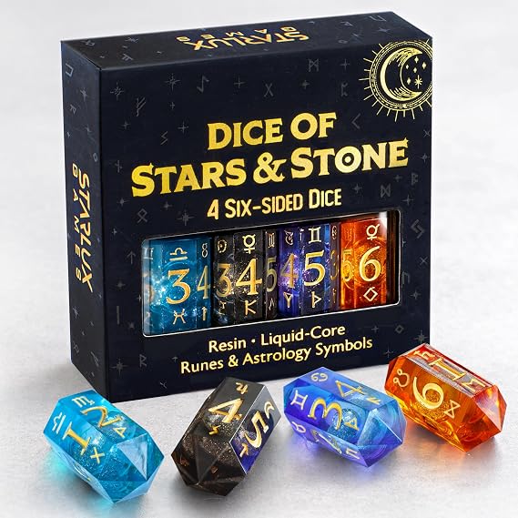 Dice of Stars & Stone Premium D6 Dice Set | 4-Pack with Dice Bag | Six-Sided, Resin, Liquid-Core | Rune and Astrology Symbols | Witchy Gift | for D&D, Tabletop RPGs, Castings, Board Game Upgrades
