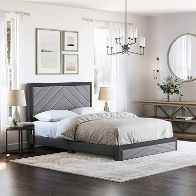 Boyd Sleep Barcelona Upholstered Platform Bed with Headboard and Durable Mattress Foundation with Strong 14 Wood Slat Supports, No BoxSpring Required: King, BlackGray