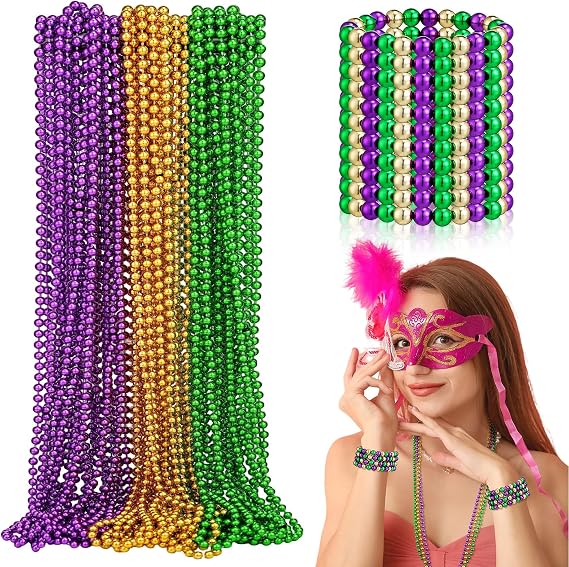 72 Pcs Mardi Gras Beads Necklaces AND Bracelets 36 Green Purple Gold Metallic Beaded Necklace Bulk 36 Mardi Gras Carnival Beaded Bracelets Accessories for Festival Parade Throws Party Favors