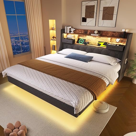 Upholstered Floating Bed with LED Lighting&USB Type-C Charging&Storage Headboard, 5ft King Size Bed Frame with Metal Slatted Frame, Linen Functional Bed Frame for Adults&Teens, No Mattress, Grey