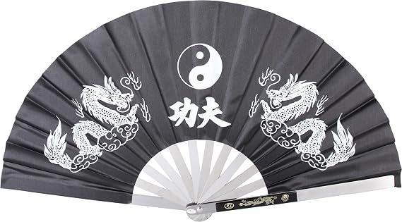 MASTER USA - Kung Fu Fighting Fan - Metal Frame, Black Nylon Fan with Dual Dragons, Ying Yang, Tai Chi Symbol - 2510-CBK - Martial Arts, Training, Cosplay, Display