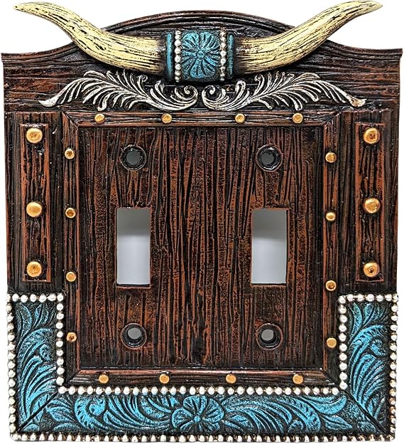 BestGiftEver Faux Horns and Tooled Leather Double Toggle Switch Cover | Cowboy and Ranching-Themed Home Decor, Southwestern Native American Wall Plate, For Rustic Western Style Enthusiasts
