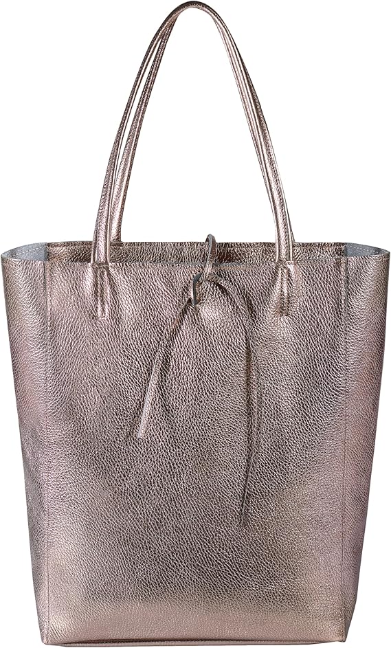 Italian Metallic Calf Leather Tote Bag for Women with Zipper, Inner Pocket & Flat Base | Soft Unlined Shopper Handbag